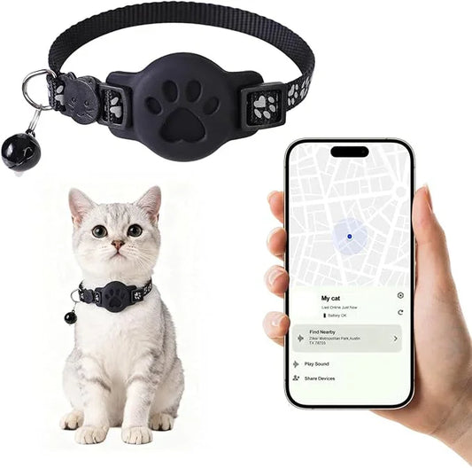 Cat wearing black paw print GPS tracker collar with bell, next to smartphone showing tracking app.