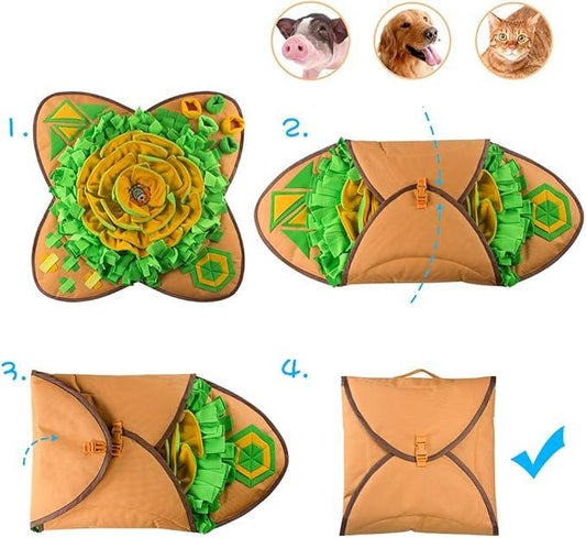 Foldable pet snuffle mat for dogs, cats, pigs with green and yellow fabric, step-by-step folding guide.