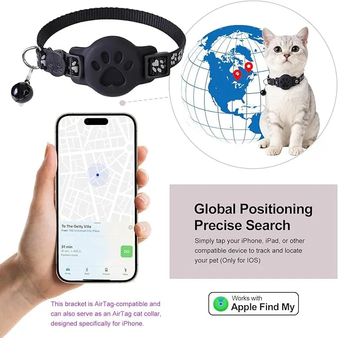 Cat GPS tracker collar with bell, paired with smartphone map for pet location tracking