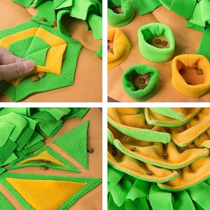 Interactive dog snuffle mat with green and yellow fabric and hidden treats for pet enrichment