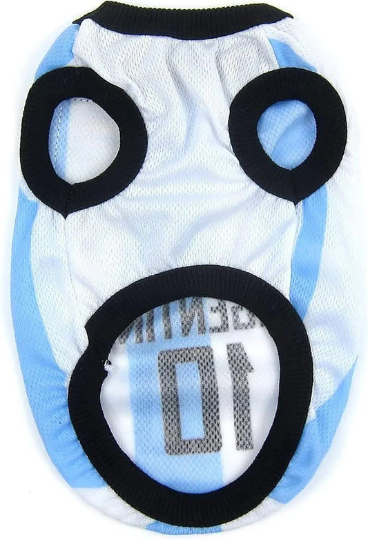 Blue and white mesh dog jersey with black trim, number 10 printed, arm and neck holes visible