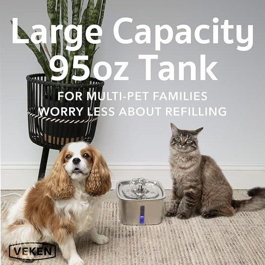 Dog and cat with large capacity 95oz stainless steel pet water fountain indoors