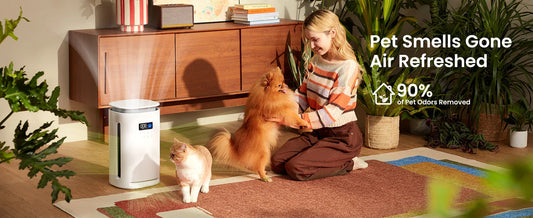 Woman with dog and cat near air purifier in modern living room, pet odor removal concept