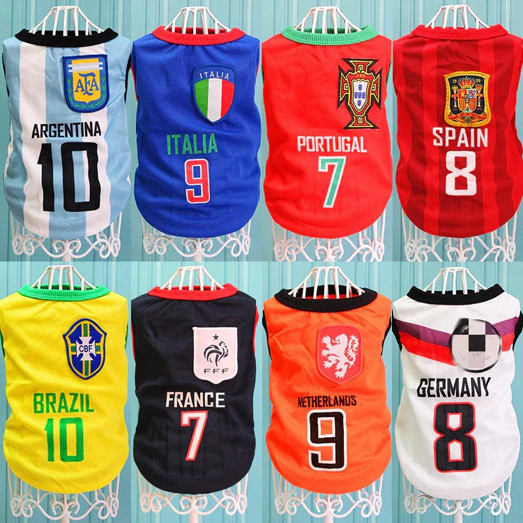 Assorted dog jerseys inspired by international soccer teams, displayed on racks
