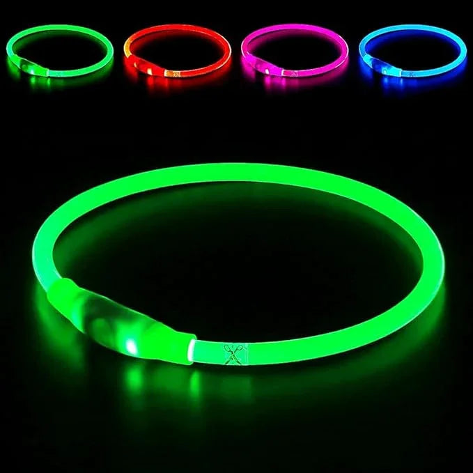 LED glow collar for pets in green, with red, pink, and blue color options on black background