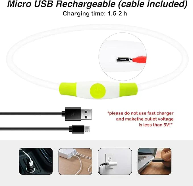 Micro USB rechargeable LED neck light with charging cable, various charging options shown
