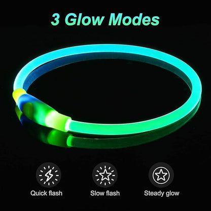 LED glow collar with three light modes: quick flash, slow flash, and steady glow on black background