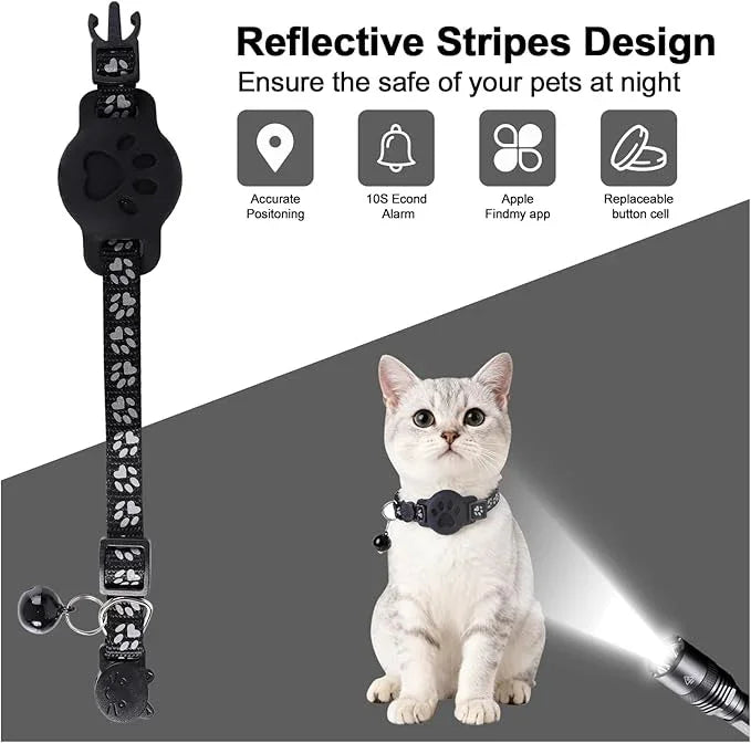 Reflective cat collar with paw print design, bell, and tracking features, worn by a cat.