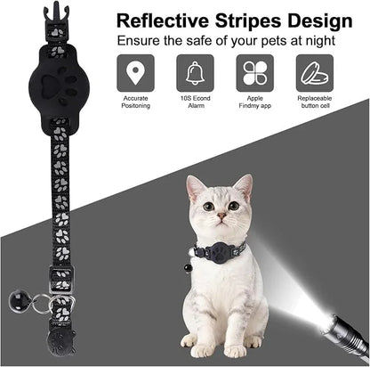 Reflective cat collar with paw print design, bell, and tracking features, worn by a cat.