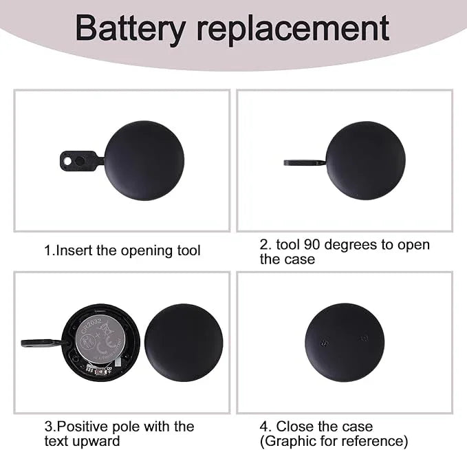 Battery replacement instructions with tool and round black device, step-by-step visual guide.