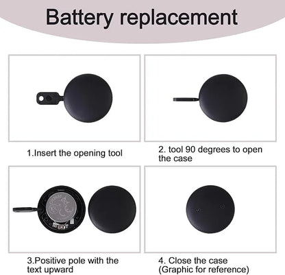 Battery replacement instructions with tool and round black device, step-by-step visual guide.