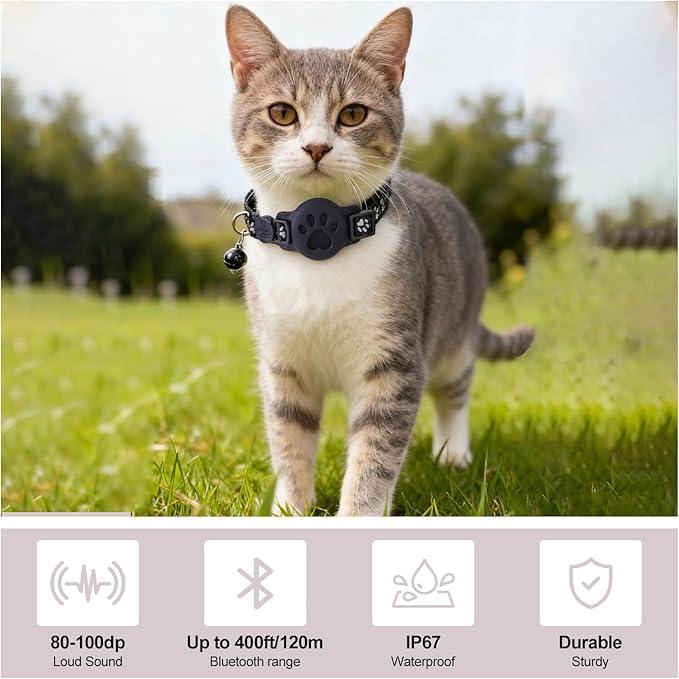 Cat wearing black GPS tracker collar outdoors, features include loud sound, Bluetooth, waterproof, durable