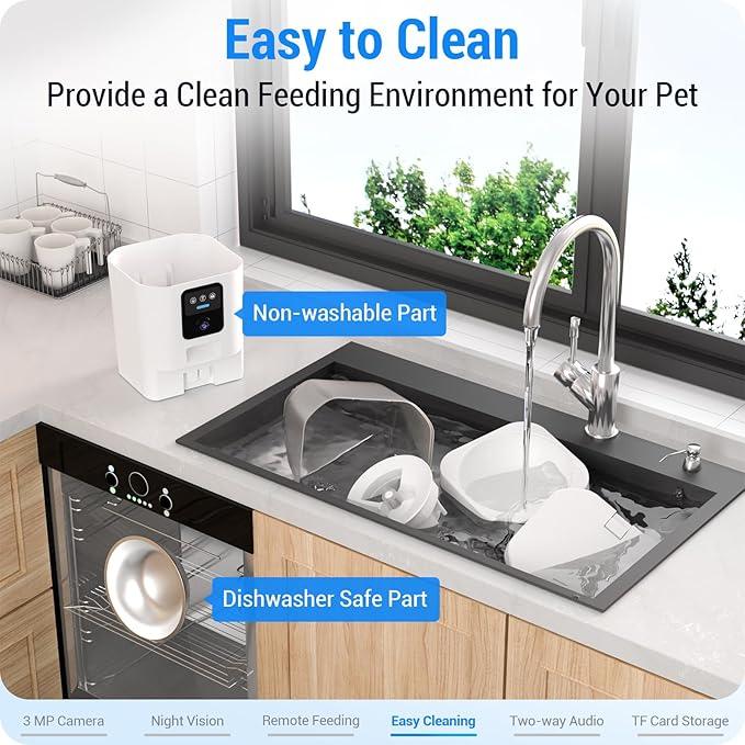 Automatic pet feeder with washable parts in sink, labeled dishwasher safe, kitchen setting