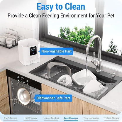 Automatic pet feeder with washable parts in sink, labeled dishwasher safe, kitchen setting