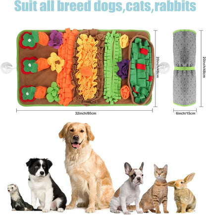 Large colorful snuffle mat for dogs, cats, rabbits, with pets and size dimensions shown