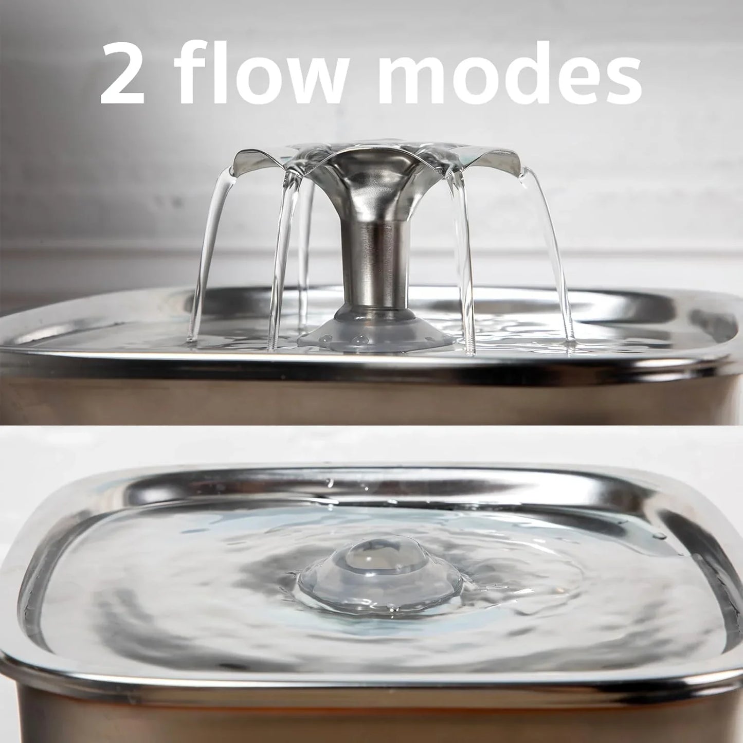 Stainless steel pet water fountain showing two flow modes for cats and dogs