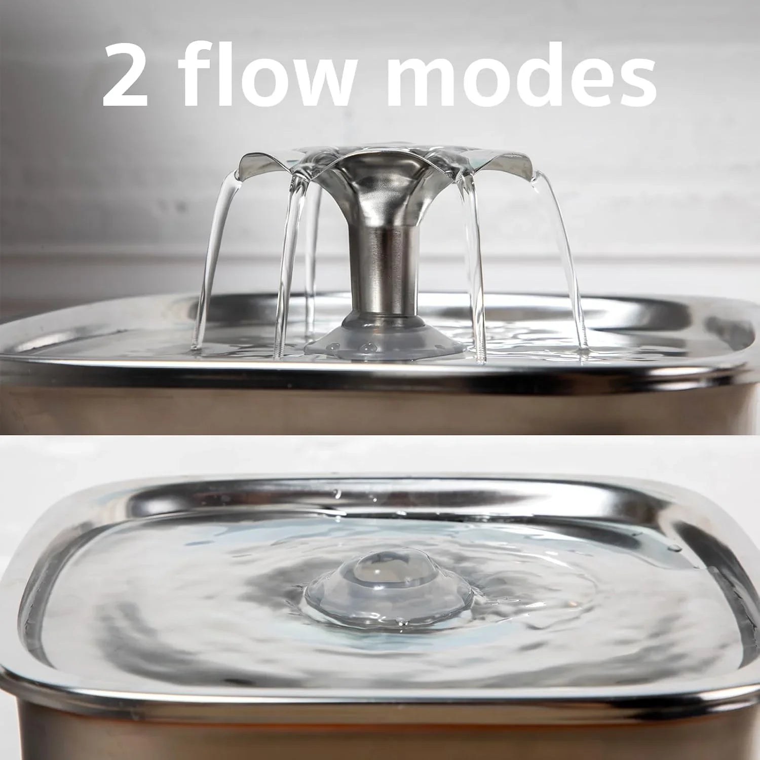 Stainless steel pet water fountain showing two flow modes for cats and dogs