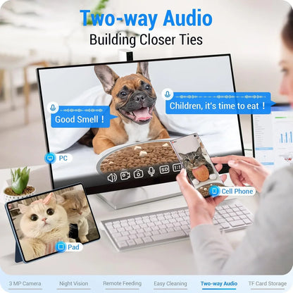 Two-way audio pet camera interface on computer, tablet, and phone showing dog and cats with remote feeding feature.