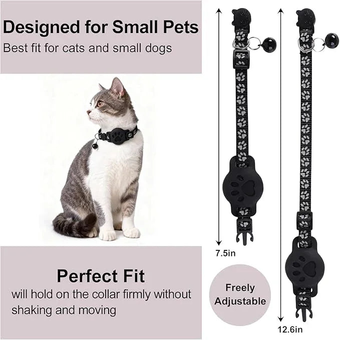 Adjustable black cat collar with paw print pattern and bell, shown on a cat, for small pets.