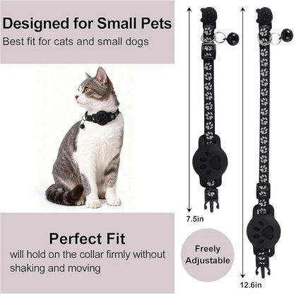 Adjustable black cat collar with paw print pattern and bell, shown on a cat, for small pets.