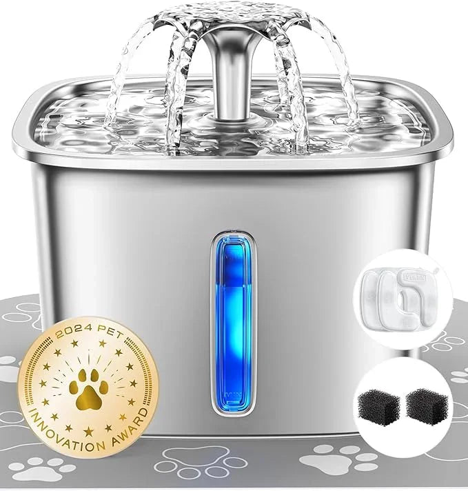 Stainless steel pet water fountain with LED indicator, filter pads, and 2024 pet award badge.