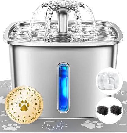 Stainless steel pet water fountain with LED indicator, filter pads, and 2024 pet award badge.