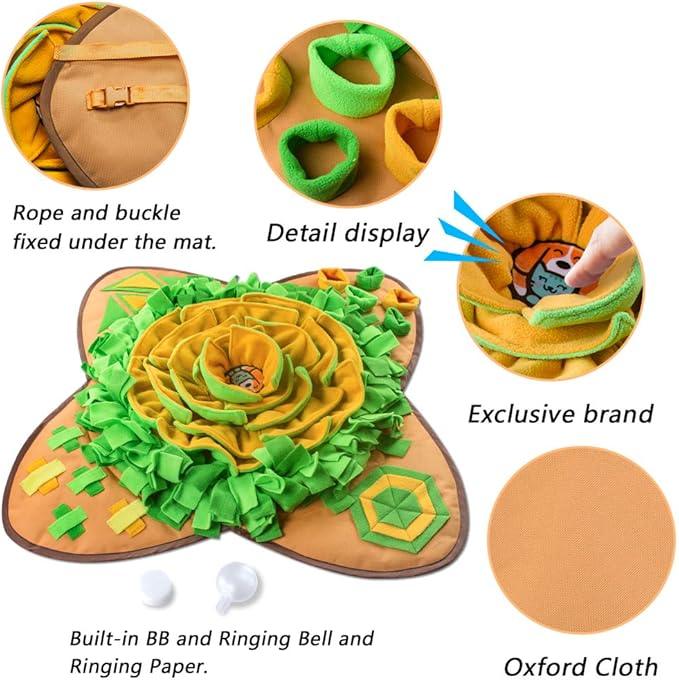 Pet snuffle mat with green and yellow flower design, rope and buckle, oxford cloth, detail views.