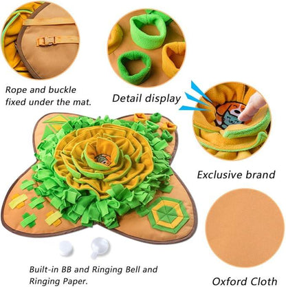 Pet snuffle mat with green and yellow flower design, rope and buckle, oxford cloth, detail views.