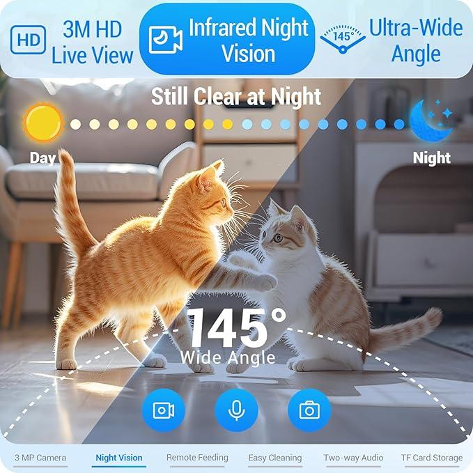 Two cats in a living room, split day and night, illustrating 145° wide angle 3MP HD night vision camera features.
