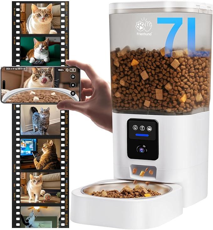 Automatic cat feeder with camera, app control, and 7L food storage, dispensing dry kibble
