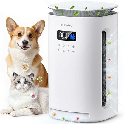 Pet-friendly air purifier for home with dog and cat, digital display, and allergen filter effect