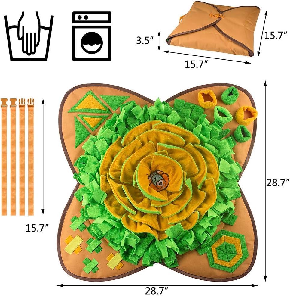 Large green and yellow snuffle mat for dogs, washable and foldable, with size measurements.