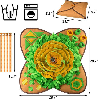 Large green and yellow snuffle mat for dogs, washable and foldable, with size measurements.