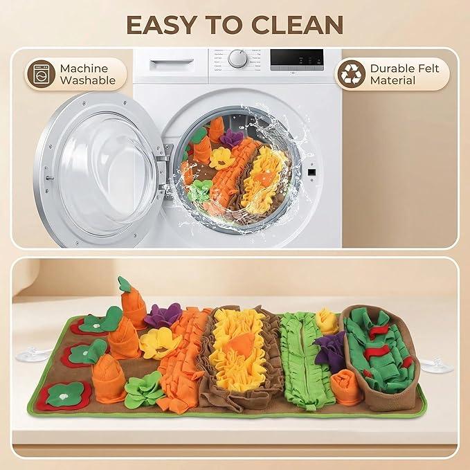 Colorful felt snuffle mat shaped like a vegetable garden, shown as machine washable.