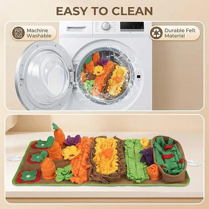 Colorful felt snuffle mat shaped like a vegetable garden, shown as machine washable.