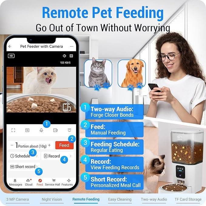 Automatic pet feeder with camera app, woman controlling device for remote cat or dog feeding.