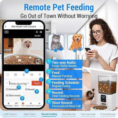 Automatic pet feeder with camera app, woman controlling device for remote cat or dog feeding.