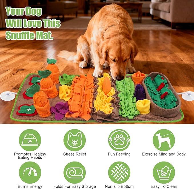 Golden retriever using colorful dog snuffle mat on hardwood floor, benefits icons below