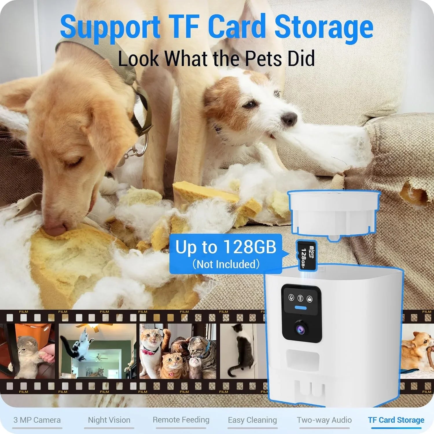 Pet camera with TF card storage, two dogs on sofa with chewed cushion, supports up to 128GB.