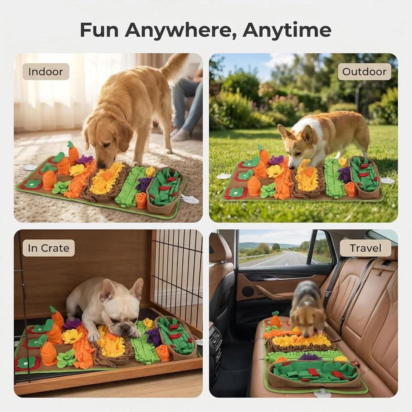 Dogs playing with colorful snuffle mat toy indoors, outdoors, in a crate, and during travel.