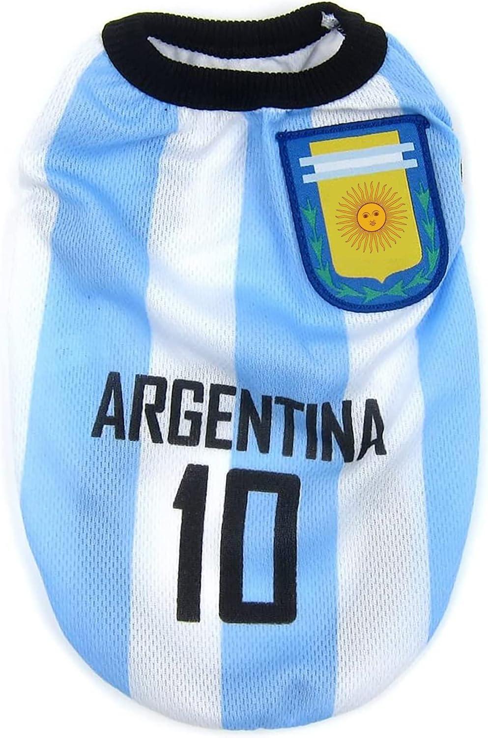 Blue and white striped Argentina dog jersey with number 10 and national emblem patch