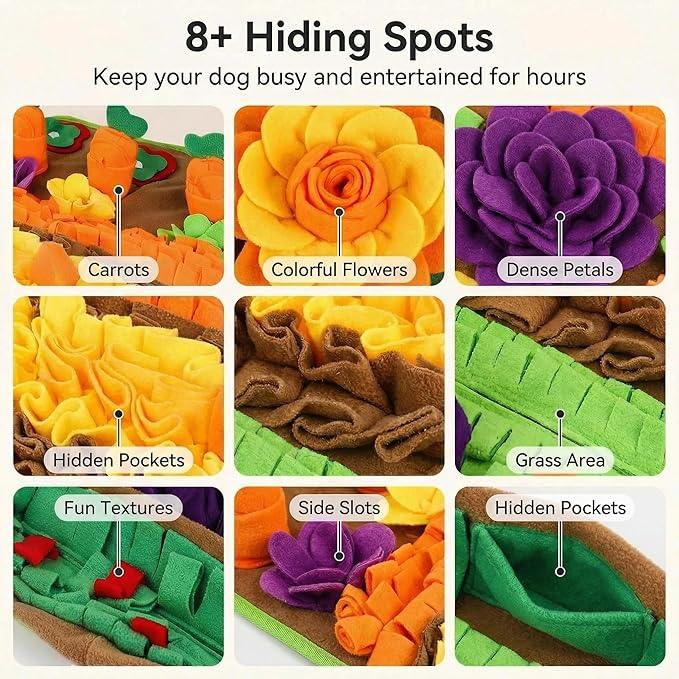 Dog enrichment mat with 8 hiding spots, including carrots, colorful flowers, grass, and fun textures.