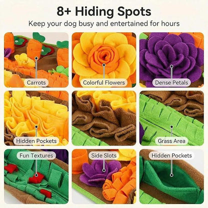 Dog enrichment mat with 8 hiding spots, including carrots, colorful flowers, grass, and fun textures.
