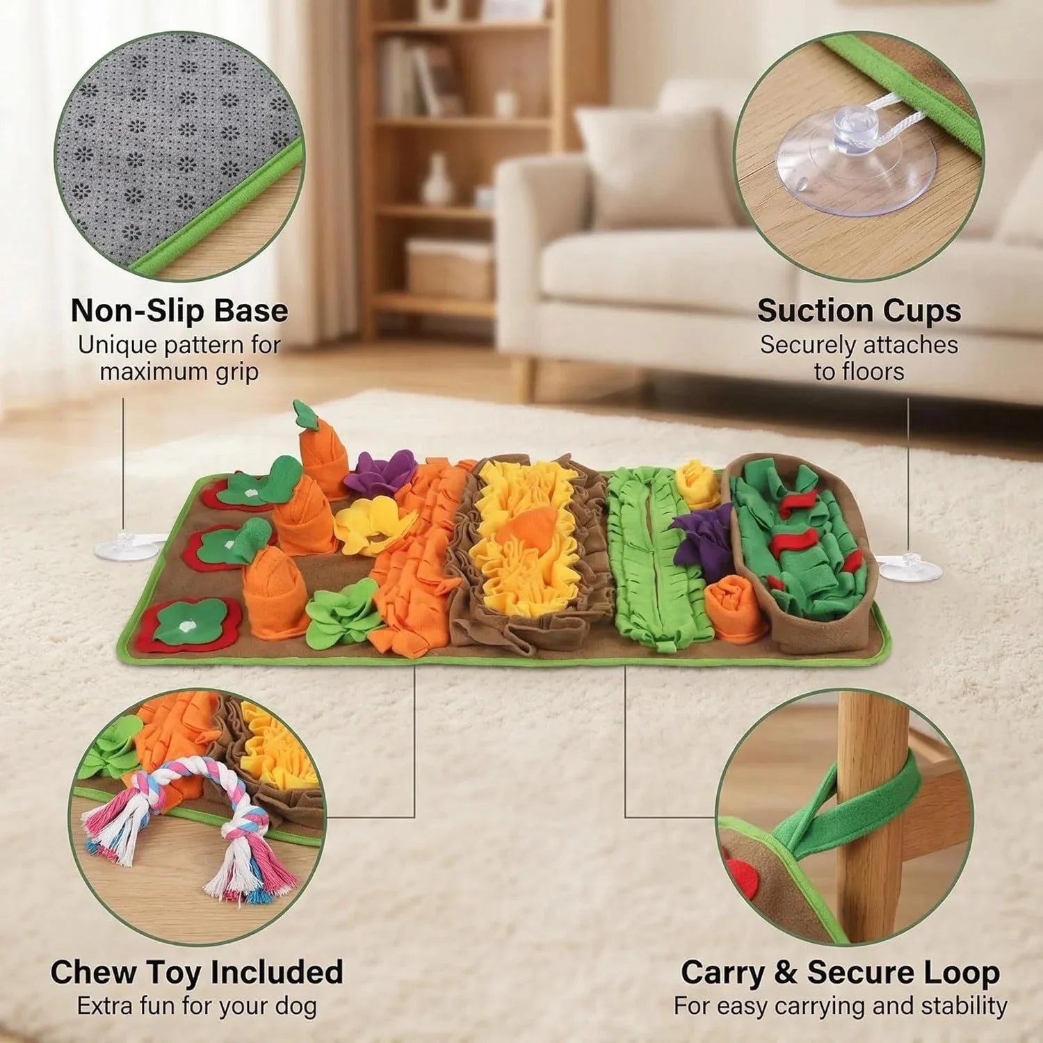 Dog snuffle mat with non-slip base, suction cups, chew toy, and carry loop on living room floor