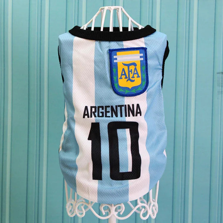 Light blue and white striped Argentina pet jersey with number 10 and AFA logo on a mannequin