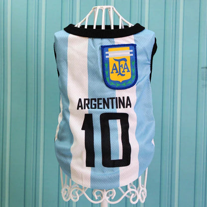 Light blue and white striped Argentina pet jersey with number 10 and AFA logo on a mannequin
