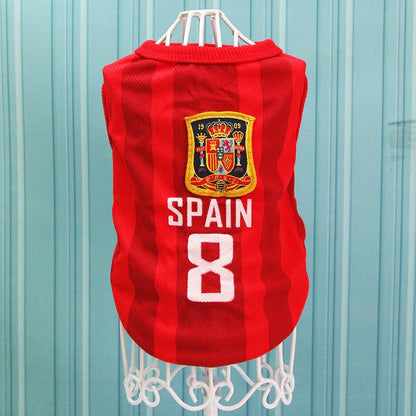 Red Spain soccer dog jersey with number 8 and national crest on a mannequin