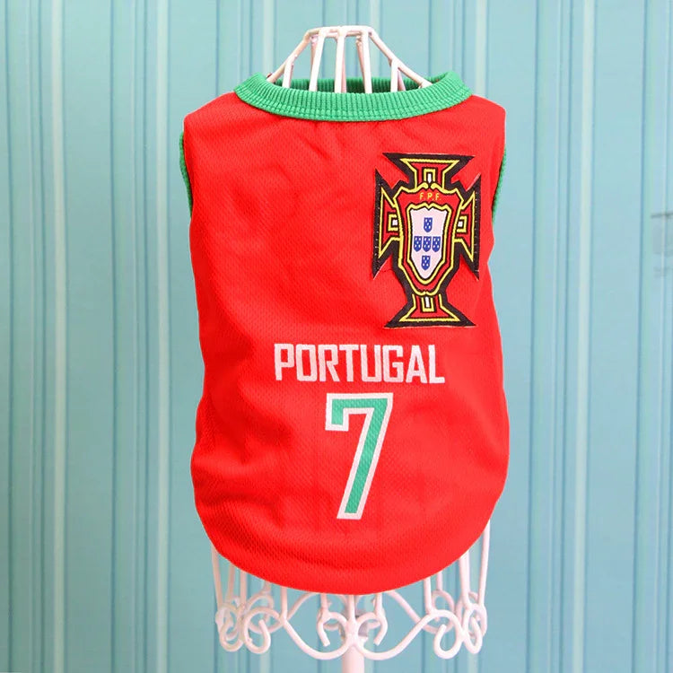 Red Portugal soccer jersey for pets with number 7 and national emblem on display stand