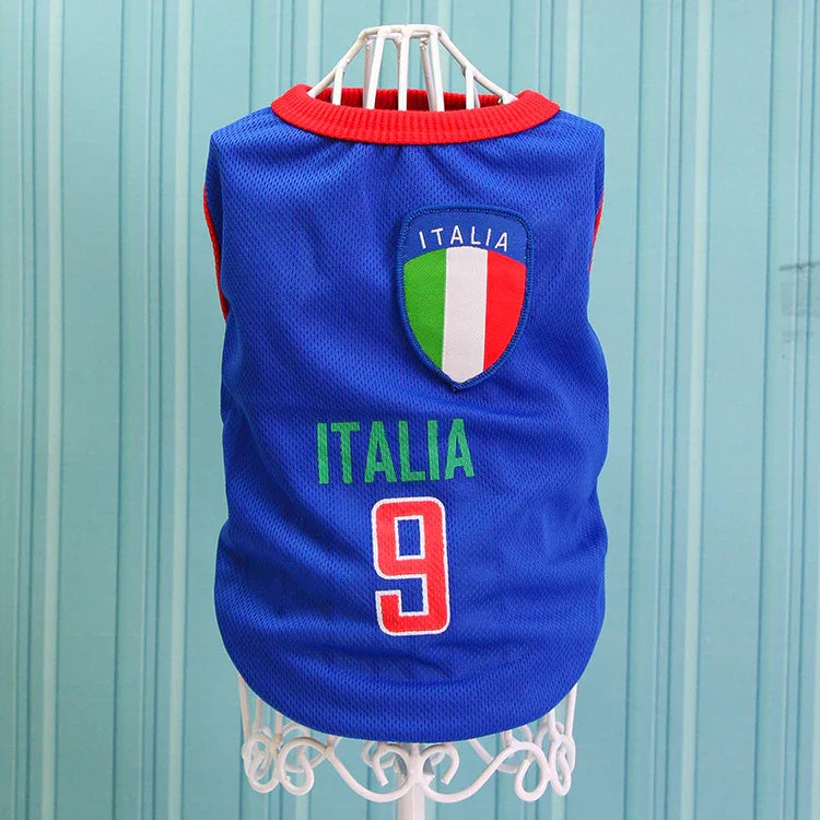 Blue dog jersey with Italia crest, number 9, and Italian flag colors on mannequin