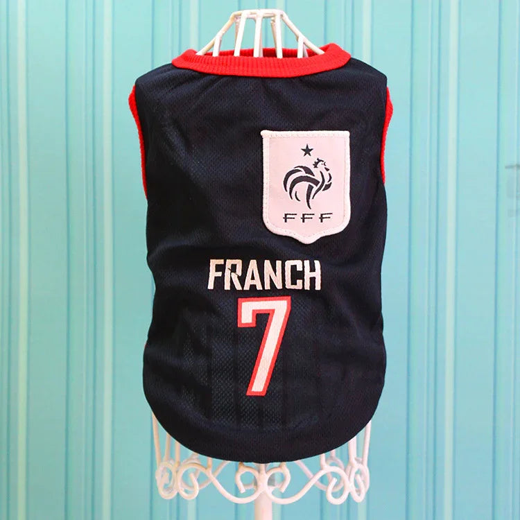 Navy blue pet jersey with red trim, white FFF logo, 'FRANCH' text, and number 7 on back.